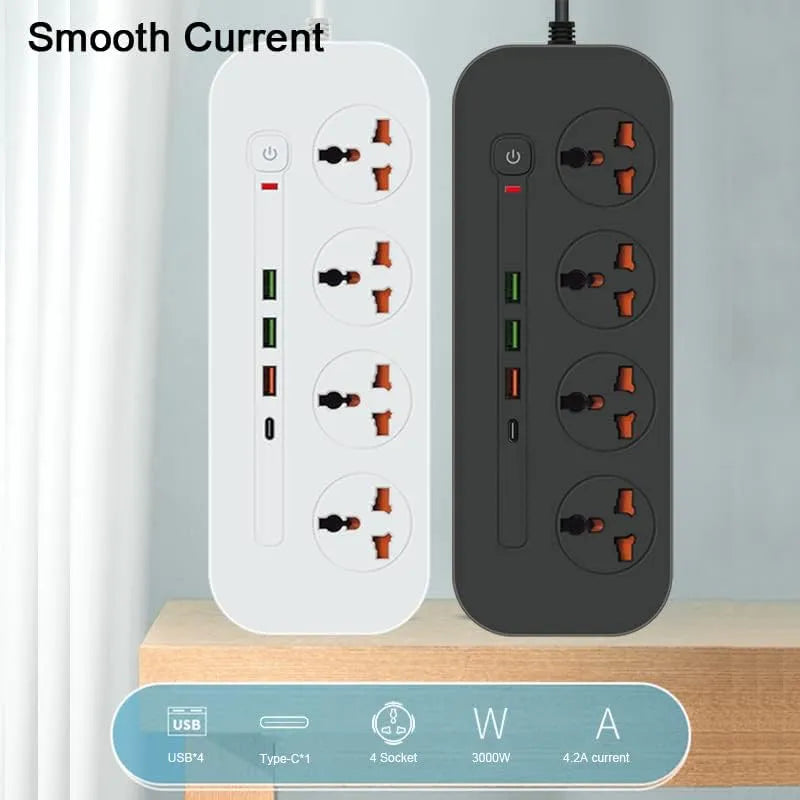 Stekkerdoos met 4 Stopcontacten, 3x USB & USB-C PD Snelladen – 3000W – 2 Meter Kabel – Overspanningsbeveiliging – Wit