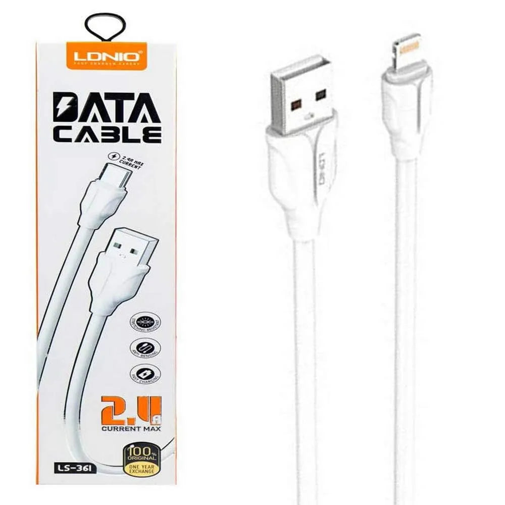 LDNIO LS361 USB-A naar Lightning Kabel – 1 Meter – 2.4A Fast Charging Kabel – Wit-Ilumina Benelux