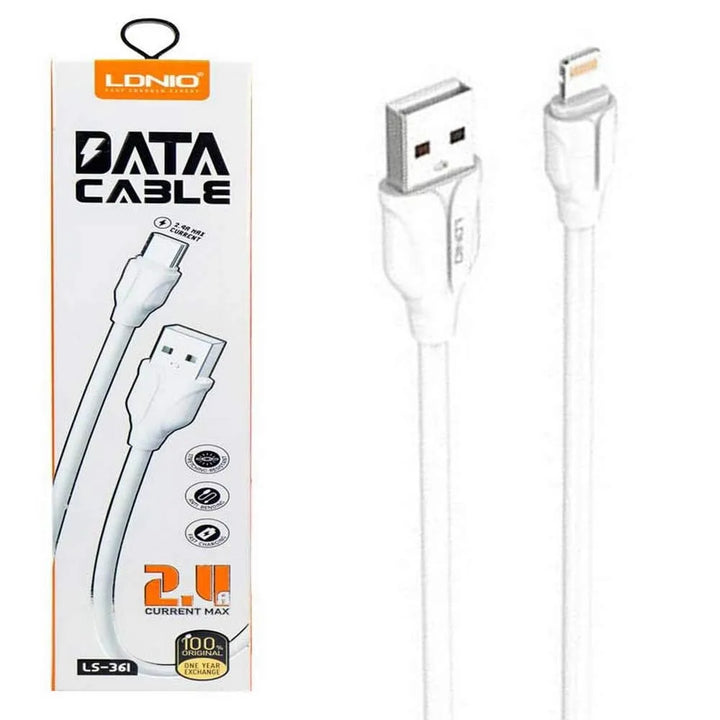 LDNIO LS361 USB-A naar Lightning Kabel – 1 Meter – 2.4A Fast Charging Kabel – Wit-Ilumina Benelux