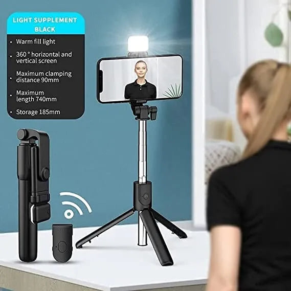 Selfie Stick met LED Verlichting en Bluetooth Afstandsbediening – Uitschuifbaar Statief 104 cm – 360° Draaibaar – Geschikt voor iPhone & Android Smartphones – Zwart