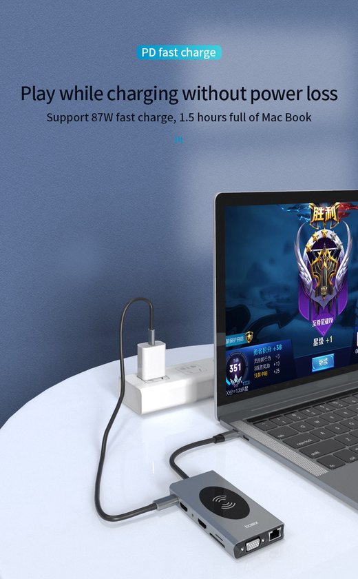 USB-C Hub – 14-in-1 Multipoort Adapter – Draadloze Oplader – 2x HDMI 4K/VGA – 87W PD – Ethernet/SD/Audio – Zwart-Ilumina Benelux