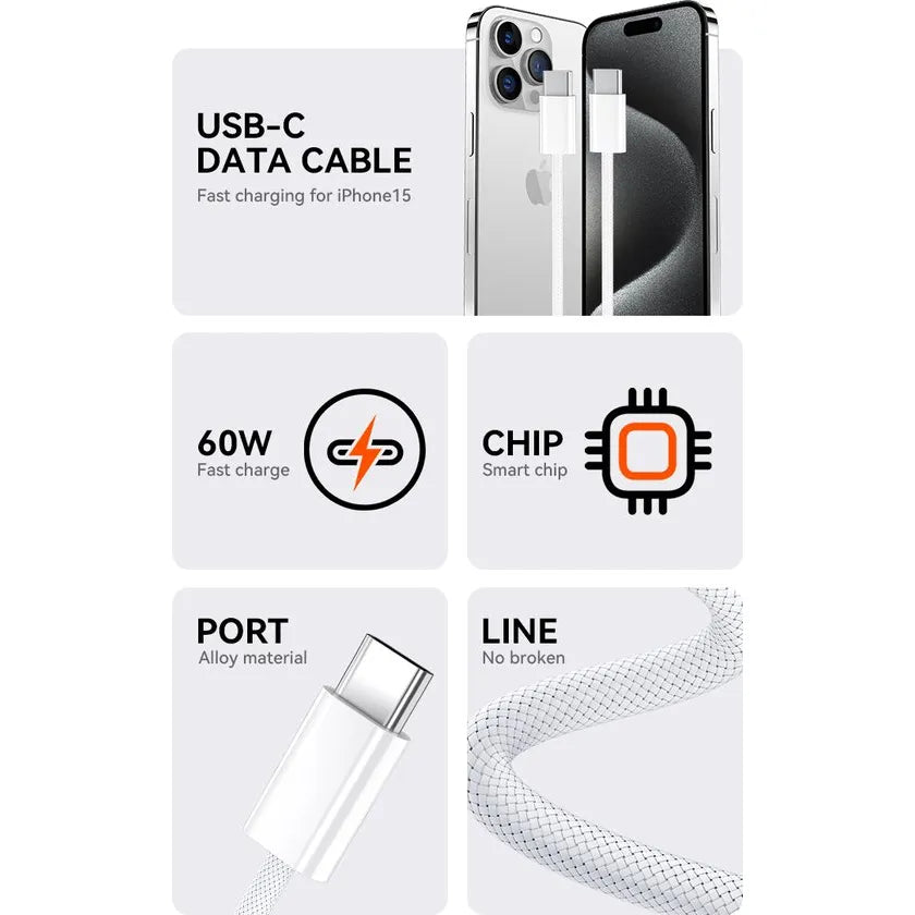 Snellaadkabel – USB-C naar USB-C – 60W – 2 Meter – Nylon Gevlochten – Wit-Ilumina Benelux
