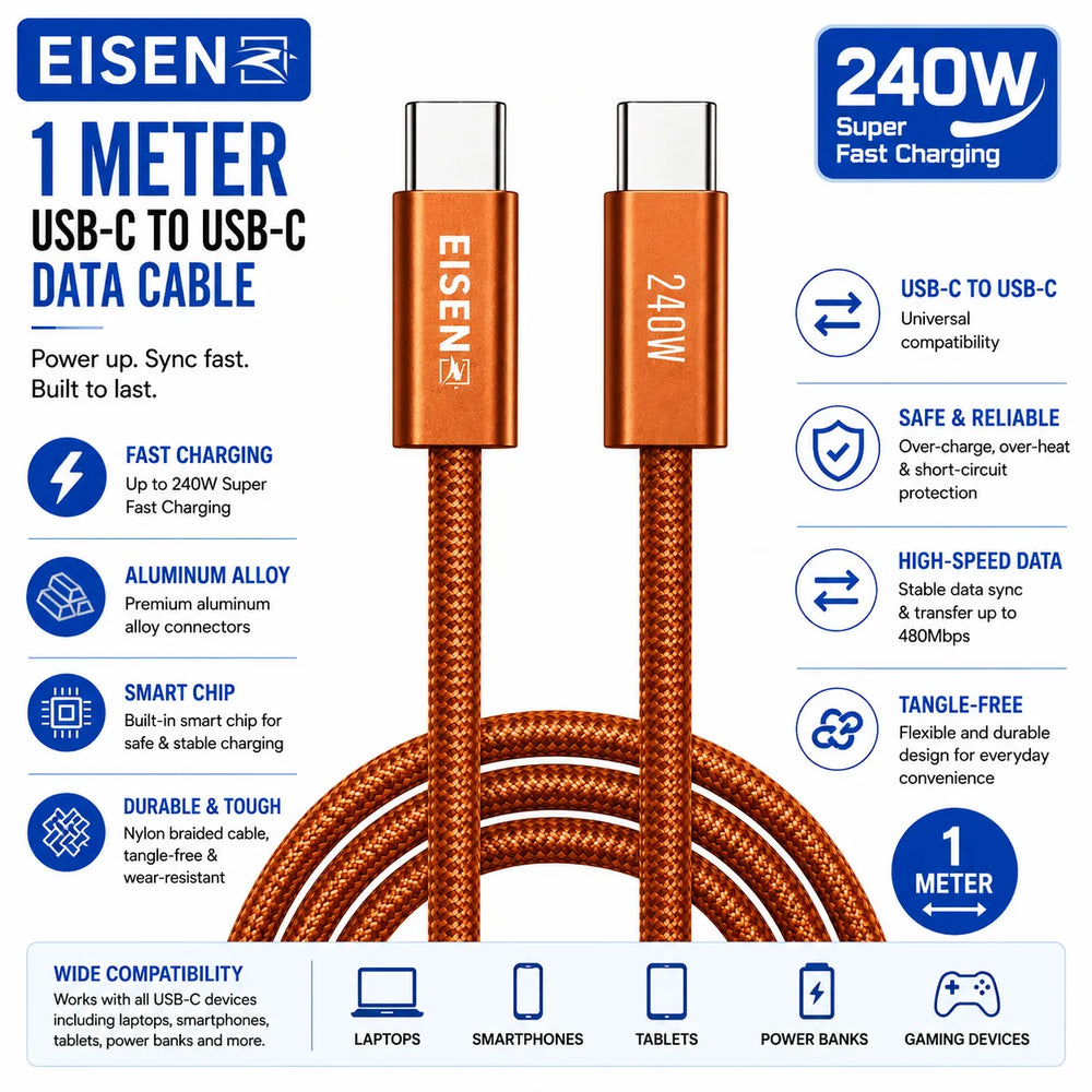 240W USB-C naar USB-C Data Kabel 1 Meter-Ilumina Benelux