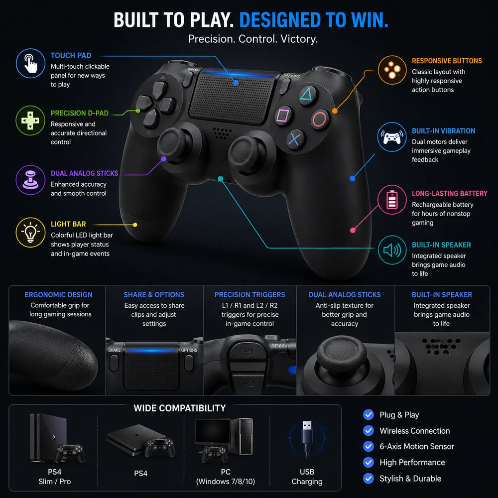 Draadloze Gaming Controller voor PS4 & PC – Dual Vibration – Touchpad – Oplaadbaar – Zwart-Ilumina Benelux