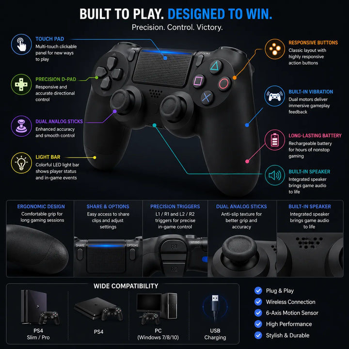 Draadloze Gaming Controller voor PS4 & PC – Dual Vibration – Touchpad – Oplaadbaar – Zwart-Ilumina Benelux