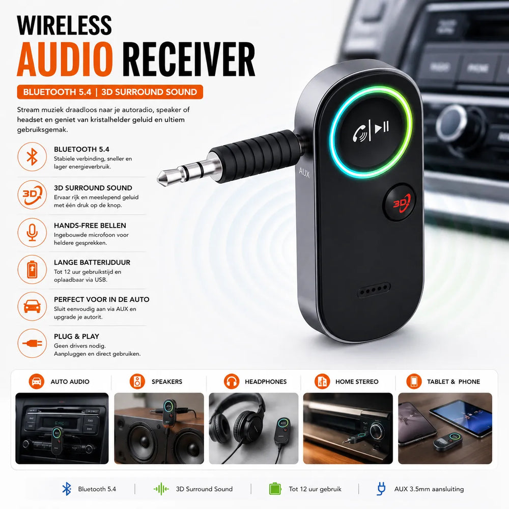 Bluetooth Receiver met 3D Bass Boost & Handsfree Bellen – Bluetooth 5.4 AUX Adapter voor Auto, PS5, Nintendo Switch & Versterker