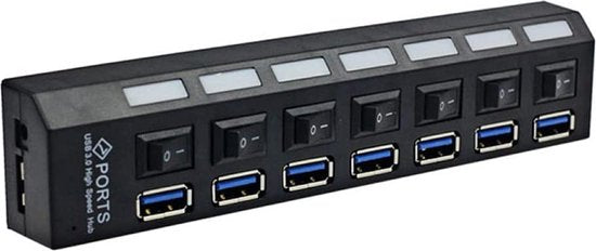 USB 3.0 Hub 7-Poorts – USB-Splitter – Aan/Uit Schakelaars – Externe Voeding Optioneel – Zwart-Ilumina Benelux