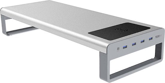 Monitorstandaard – Beeldscherm Verhoger Bureau – Draadloze Oplader – USB 3.0 HUB – Zilver-Monitorstandaard-Ilumina Benelux