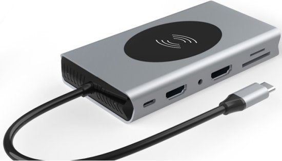 USB-C Hub – 14-in-1 Multipoort Adapter – Draadloze Oplader – 2x HDMI 4K/VGA – 87W PD – Ethernet/SD/Audio – Zwart-Ilumina Benelux