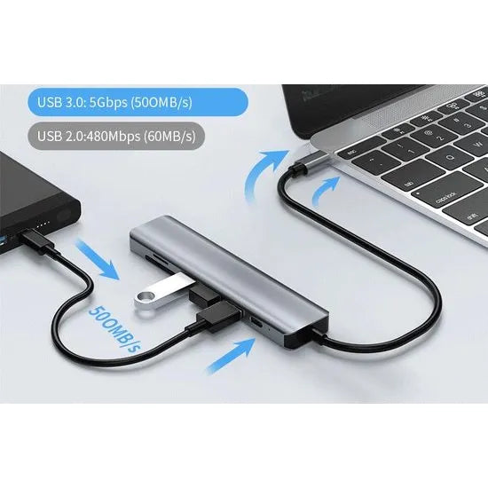 USB-C Hub 7-in-1 Multiport Adapter – 4K HDMI – USB 3.0 – SD & MicroSD Kaartlezer – Power Delivery – Voor Laptop, MacBook & Tablet