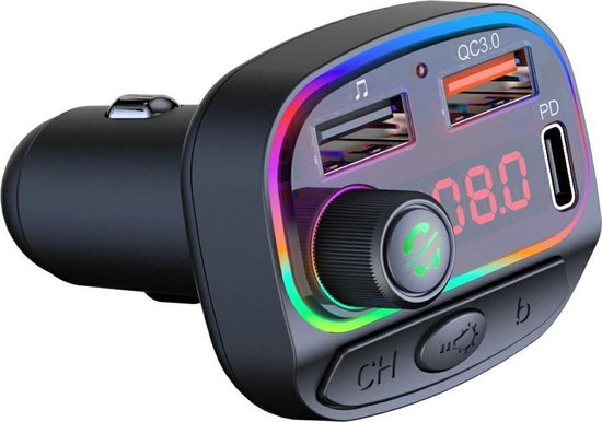 FM Transmitter Auto – Bluetooth 5.0 Carkit – MP3 Speler – Snelladen USB & USB-C – Handsfree – 7-Kleuren LED – Zwart-Ilumina Benelux