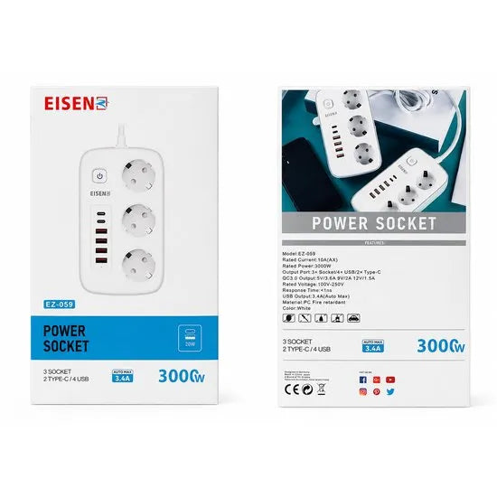 Stekkerdoos met USB en USB-C - 3 Stopcontacten - 4 USB + 2 USB-C - 3000W