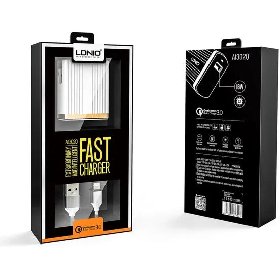 LDNIO A1302Q Snellader met USB-A naar Lightning Kabel – 18W Fast Charge – 1 Meter-Ilumina Benelux