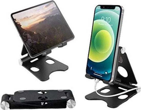 Verstelbare Telefoon & Tablet Bureauhouder – 4 t/m 10 inch – Aluminium – Inklapbaar – Antislip – Universele Opvouwbare Standaard – Geschikt voor iPad, Samsung, iPhone – Zwart