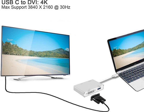 USB-C naar HDMI DVI VGA Adapter – 4-in-1 Video Hub – 4K HDMI – USB 3.0 – Zilver-Ilumina Benelux