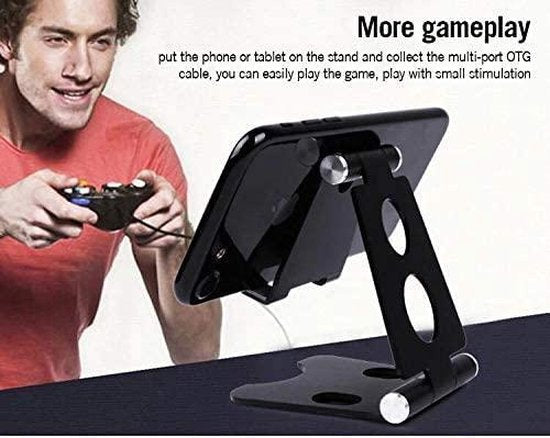 Verstelbare Telefoon & Tablet Bureauhouder – 4 t/m 10 inch – Aluminium – Inklapbaar – Antislip – Universele Opvouwbare Standaard – Geschikt voor iPad, Samsung, iPhone – Zwart