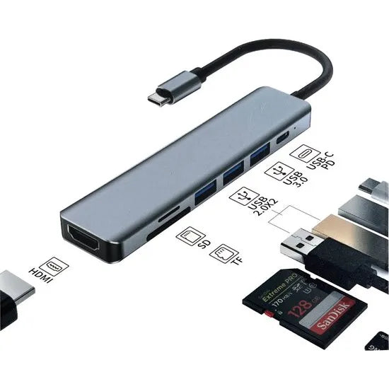 USB-C Hub 7-in-1 Multiport Adapter – 4K HDMI – USB 3.0 – SD & MicroSD Kaartlezer – Power Delivery – Voor Laptop, MacBook & Tablet