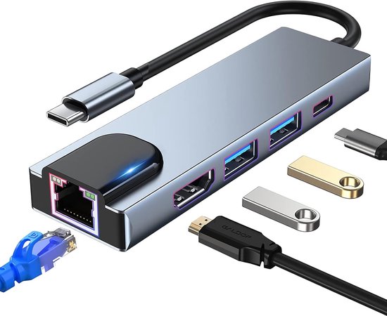 USB-C Hub – 5-in-1 Multiport Adapter – 4K HDMI – Ethernet RJ45 – USB 3.0 & 100W PD – Grijs-Ilumina Benelux