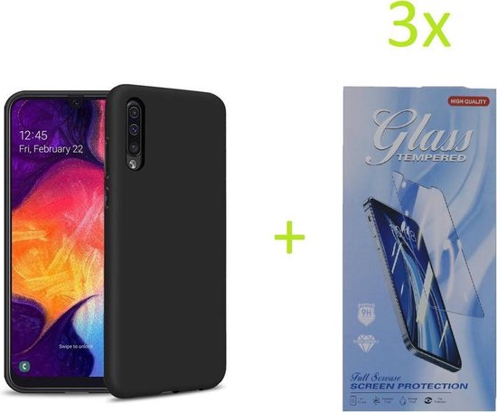Samsung Galaxy A50 Hoesjes – TPU Siliconen Backcover – Inclusief 3x Gehard Glas Screenprotector – Zwart-Ilumina Benelux