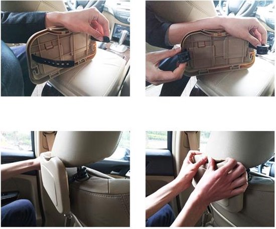 Achterbank autotafel – Hoofdsteun tafelblad met bekerhouder – Eten & drinken – Opvouwbaar – Beige