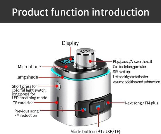 Bluetooth FM Transmitter Auto – Draadloze Carkit Handsfree – QC3.0 USB Snellader – MP3 Speler SD/USB – Zwart-Ilumina Benelux