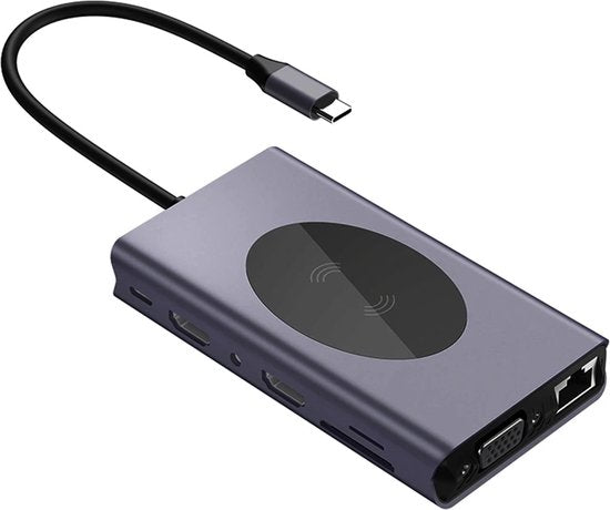 USB-C Hub – 14-in-1 Multipoort Adapter – Draadloze Oplader – 2x HDMI 4K/VGA – 87W PD – Ethernet/SD/Audio – Zwart-Ilumina Benelux