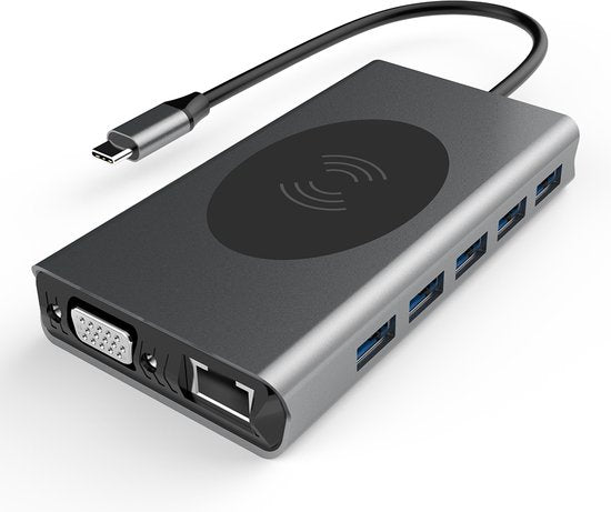 USB-C Hub – 14-in-1 Multipoort Adapter – Draadloze Oplader – 2x HDMI 4K/VGA – 87W PD – Ethernet/SD/Audio – Zwart-Ilumina Benelux