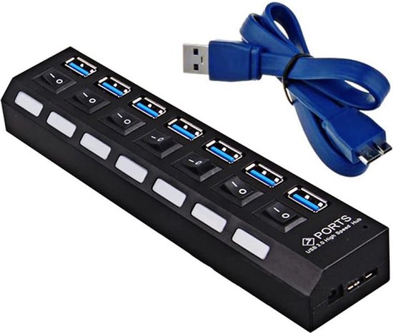 USB 3.0 Hub 7-Poorts – USB-Splitter – Aan/Uit Schakelaars – Externe Voeding Optioneel – Zwart-Ilumina Benelux