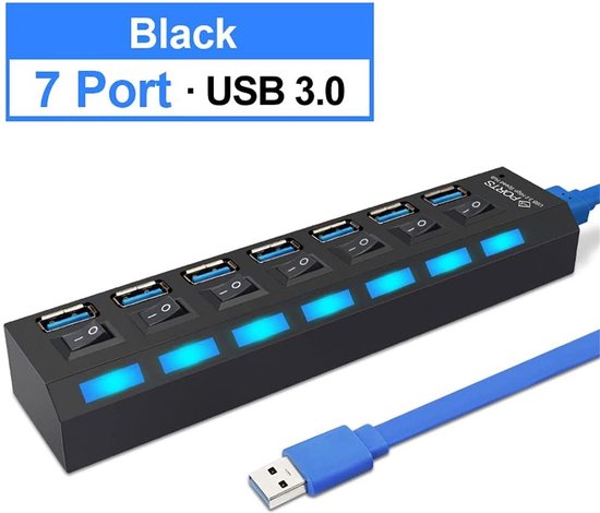 USB 3.0 Hub 7-Poorts – USB-Splitter – Aan/Uit Schakelaars – Externe Voeding Optioneel – Zwart-Ilumina Benelux