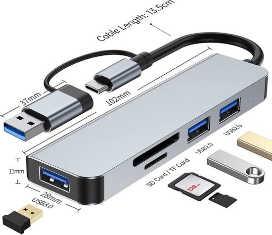 USB-C Hub 5-in-1 – USB 3.0 & USB 2.0 – SD/TF Kaartlezer – Plug & Play Dockingstation – Zwart-Ilumina Benelux