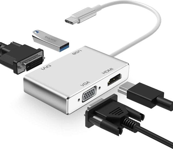 USB-C naar HDMI DVI VGA Adapter – 4-in-1 Video Hub – 4K HDMI – USB 3.0 – Zilver-Ilumina Benelux
