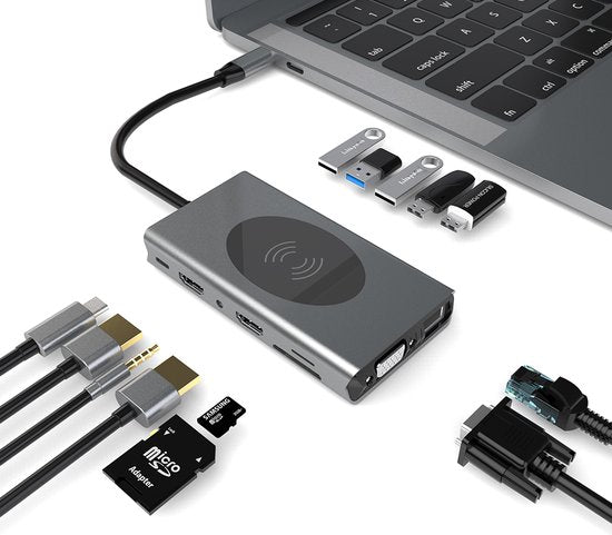 USB-C Hub – 14-in-1 Multipoort Adapter – Draadloze Oplader – 2x HDMI 4K/VGA – 87W PD – Ethernet/SD/Audio – Zwart-Ilumina Benelux