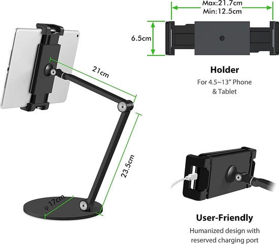 Universele Tablethouder - Standaard - Universeel Tablet / Smartphone Houder voor aan tafel Bureau - Werkplaats - Keuken- slaapkamer - tabletstandaard zwart
