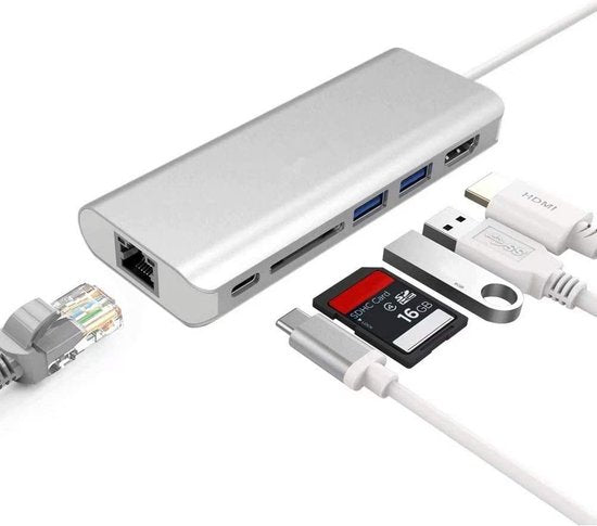 USB-C Hub – 6-in-1 Aluminium Type-C Adapter – 4K HDMI – Gigabit Ethernet – USB 3.0/PD – SD Kaartlezer – Grijs-Ilumina Benelux