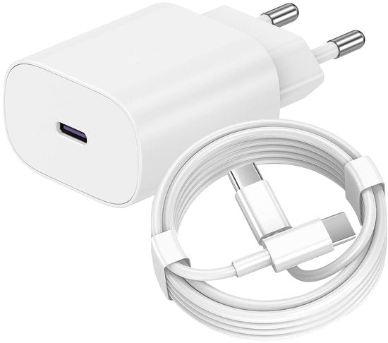USB-C Oplader – Geschikt voor iPhone 15/16 & Samsung Galaxy S25/S24 – 25W Snellader + USB-C kabel 1m – Wit