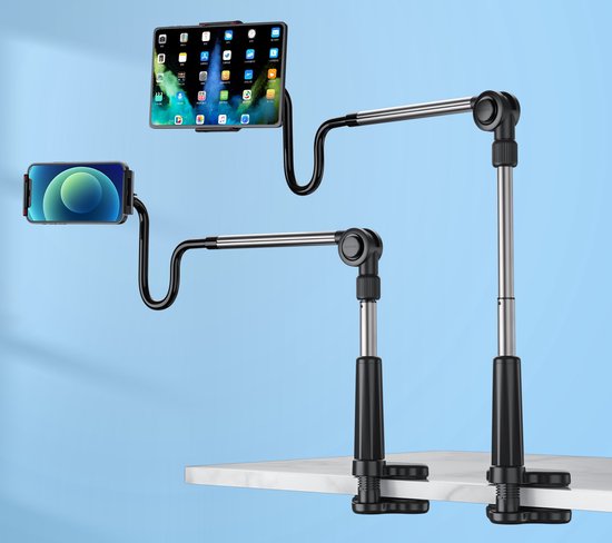 Tablethouder bureau – Universele zwanenhals lazy arm – 360° draaibaar – Klem voor tafel/bed – Aluminium Zilver