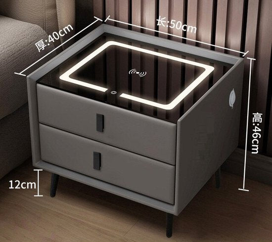 Smart nachtkastje – 2 laden – Draadloze oplader – USB & Type-C – LED touchlamp – Donkergrijs-Kast-Ilumina Benelux