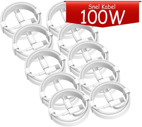 USB-C kabel – Geschikt voor iPhone 15/16, iPad Pro, Samsung, MacBook – 100W snelladen – 1 meter – Wit-USB-Kabels-Ilumina Benelux