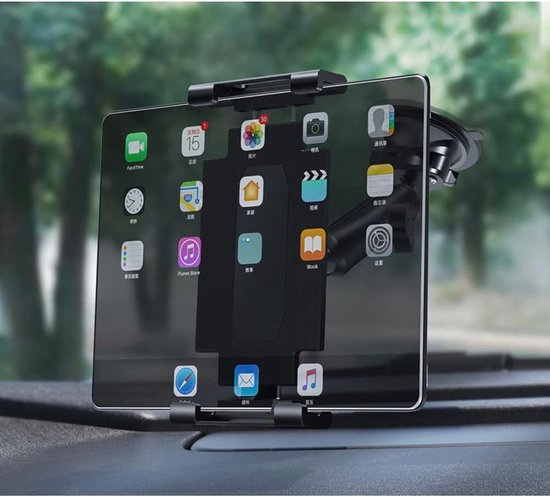 Universele Tablethouder - Dashboard / Raam Auto Houder Geschikt voor: Tablet en iPad - Autohouder met Klem - Tablethouder Autoruit - Tablet & Smartphone Houder Voorruit - Stevige Zuignap - 360° Verstelbaar