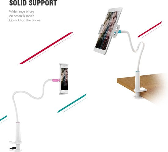 Tablethouder & Telefoonhouder - Universeel - 360° Draaibare arm - Houder Met Klem - Statief geschikt voor: Bureau, Tafel en bed - Wit