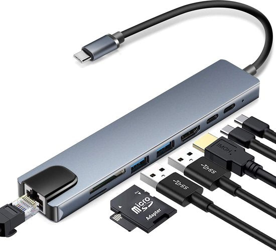 USB-C Hub – 8-in-1 Type-C Adapter met Ethernet – 4K HDMI – 2x USB 3.0 – 100W PD – SD Kaartlezer – Geschikt voor MacBook/Chromebook/HP/Asus/Lenovo-Ilumina Benelux