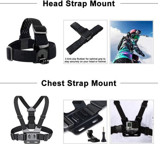 Action camera accessoires set – Mount, selfie stick & case – Luxe opbergkoffer – Geschikt voor GoPro Hero 10/9/8/7/6/5/4, Xiaomi, Sjcam, Eken-Videocamerastarterkit-Ilumina Benelux
