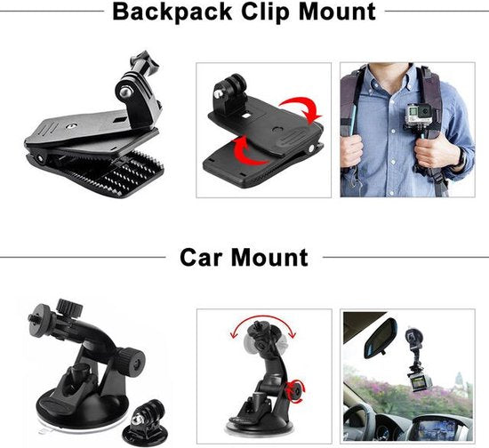 Action camera accessoires set – Mount, selfie stick & case – Luxe opbergkoffer – Geschikt voor GoPro Hero 10/9/8/7/6/5/4, Xiaomi, Sjcam, Eken-Videocamerastarterkit-Ilumina Benelux
