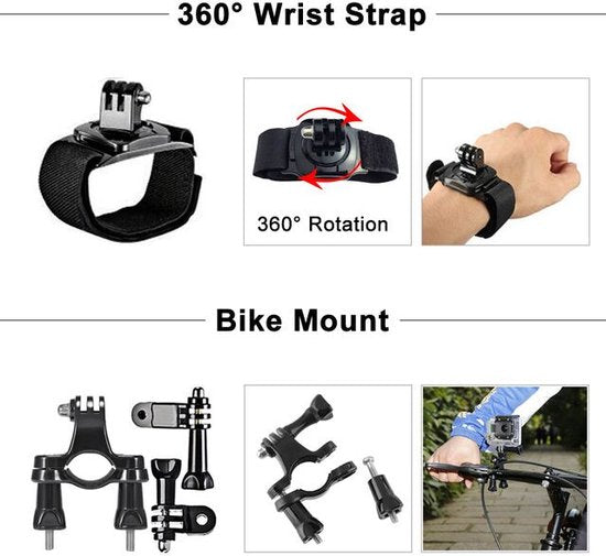 Action camera accessoires set – Mount, selfie stick & case – Luxe opbergkoffer – Geschikt voor GoPro Hero 10/9/8/7/6/5/4, Xiaomi, Sjcam, Eken-Videocamerastarterkit-Ilumina Benelux