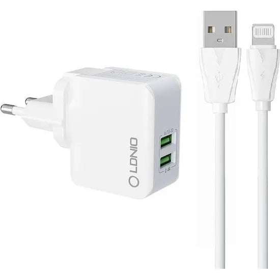 LDNIO A2203 Dual USB Oplader met Lightning Kabel – 2.4A – EU Stekker – Wit-Ilumina Benelux