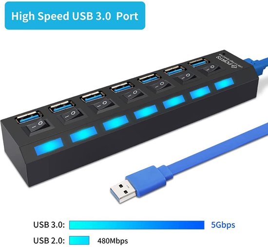 USB 3.0 Hub 7-Poorts – USB-Splitter – Aan/Uit Schakelaars – Externe Voeding Optioneel – Zwart-Ilumina Benelux