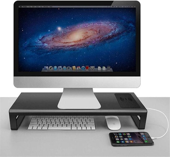 Monitorstandaard – Beeldscherm Verhoger Bureau – Draadloze Oplader – USB 3.0 HUB – Zilver-Monitorstandaard-Ilumina Benelux