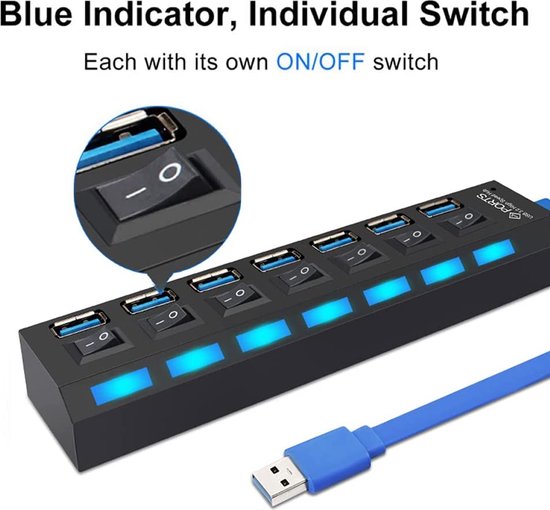 USB 3.0 Hub 7-Poorts – USB-Splitter – Aan/Uit Schakelaars – Externe Voeding Optioneel – Zwart-Ilumina Benelux
