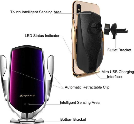 Telefoonhouder auto – Draadloze Autolader Qi 10W – Ventilatierooster – Automatische Klem – Snelladen – Zilver-Telefoonhouders-Ilumina Benelux