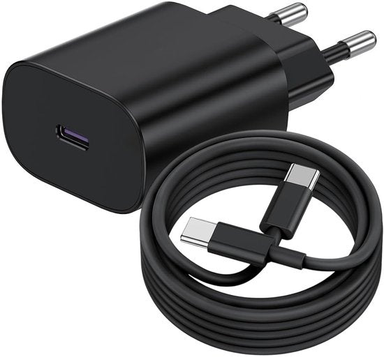 USB-C Oplader – 25W Snellader + 3M USB-C Kabel – Geschikt voor iPhone 15/16 & Samsung Galaxy S25/S24/S23 – Zwart
